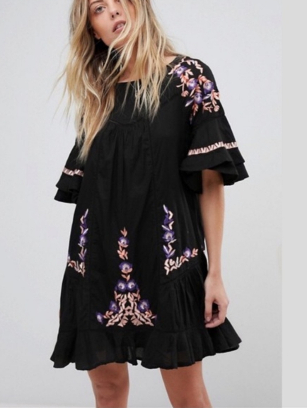 Free People Black Pavlo Babydoll Ruffle Swing Mini